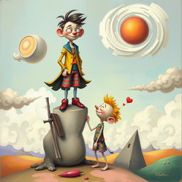 A whimsical, surreal art piece depicting a playful relationship between two characters