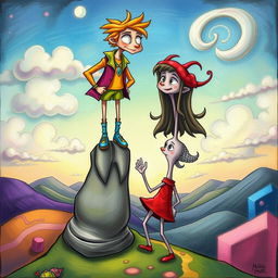 A whimsical, surreal art piece depicting a playful relationship between two characters