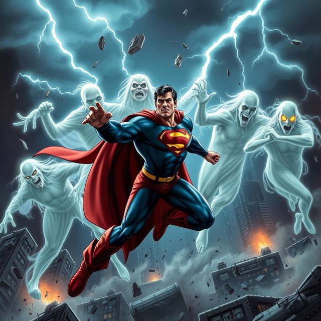 A dynamic and intense scene depicting Superman engaged in a fierce battle with a team of ghostly adversaries, each ghost having a unique appearance reflecting various mythologies and folklore