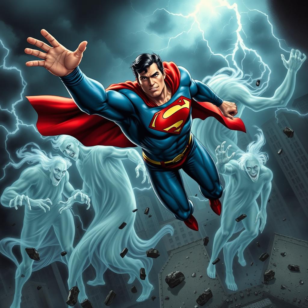 A dynamic and intense scene depicting Superman engaged in a fierce battle with a team of ghostly adversaries, each ghost having a unique appearance reflecting various mythologies and folklore