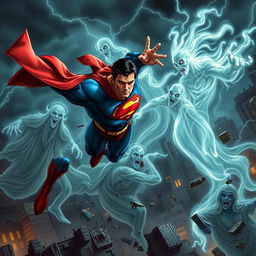 A dynamic and intense scene depicting Superman engaged in a fierce battle with a team of ghostly adversaries, each ghost having a unique appearance reflecting various mythologies and folklore