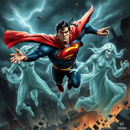 A dynamic and intense scene depicting Superman engaged in a fierce battle with a team of ghostly adversaries, each ghost having a unique appearance reflecting various mythologies and folklore
