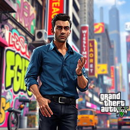 A digital artwork featuring a character resembling Michael from a video game, displaying a surprised expression