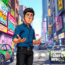 A digital artwork featuring a character resembling Michael from a video game, displaying a surprised expression