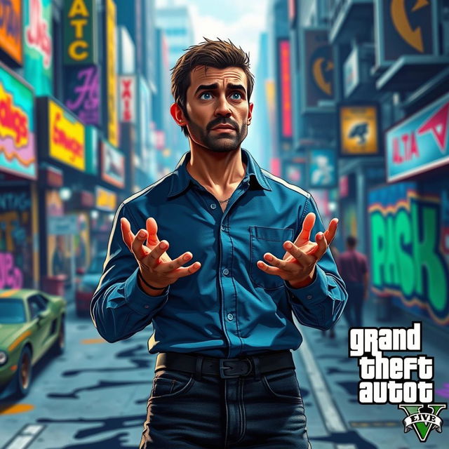 A digital artwork featuring a character resembling Michael from a video game, displaying a surprised expression