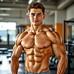 A muscular teenager showcasing impressive bodybuilding physique, standing confidently in a gym
