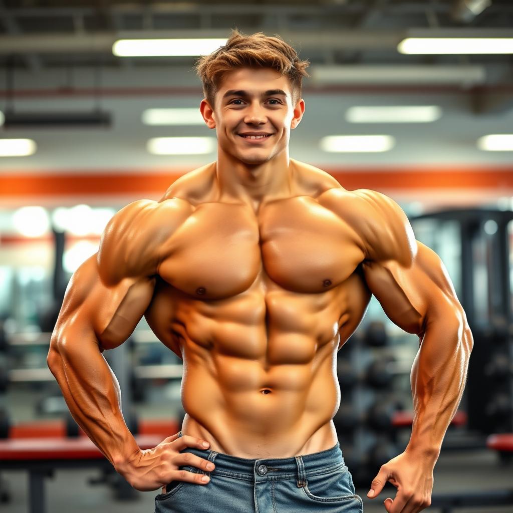A muscular teenager showcasing impressive bodybuilding physique, standing confidently in a gym