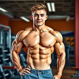 A muscular teenager showcasing impressive bodybuilding physique, standing confidently in a gym