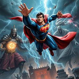 A thrilling scene illustrating Superman in an epic battle against a formidable team of supernatural ghosts