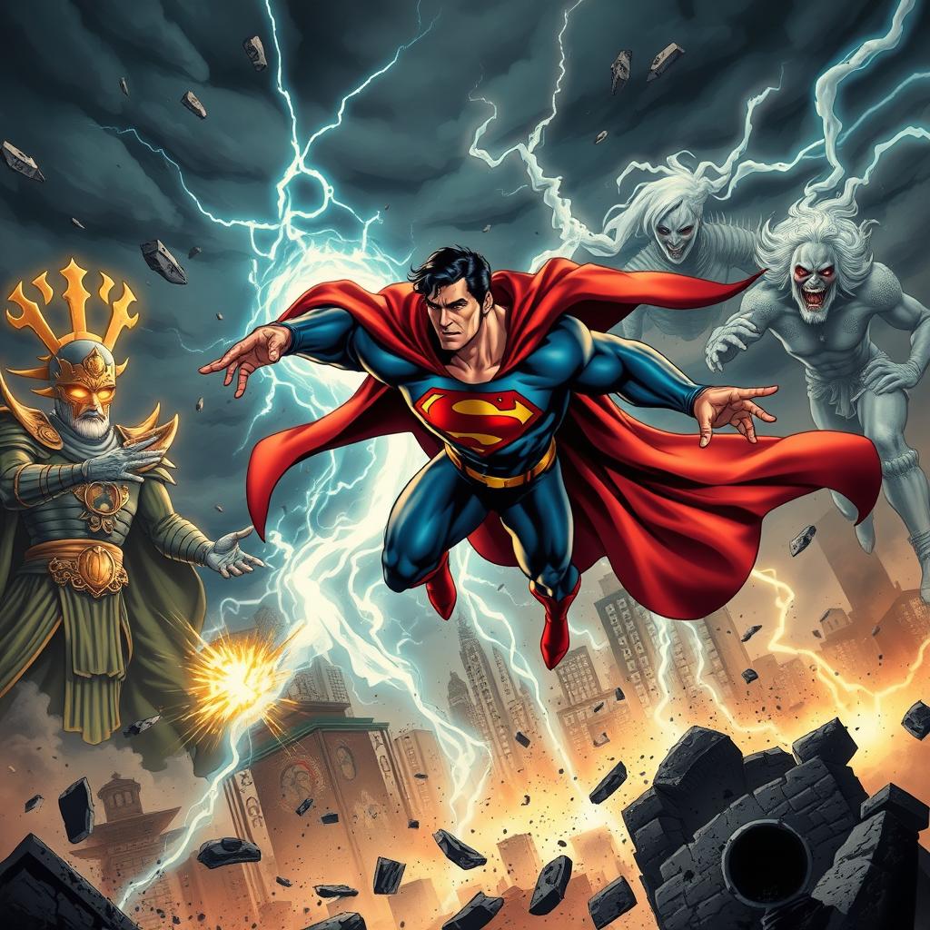 A thrilling scene illustrating Superman in an epic battle against a formidable team of supernatural ghosts