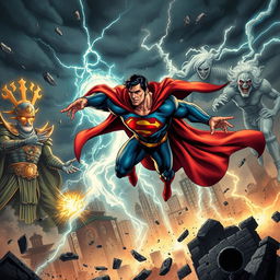 A thrilling scene illustrating Superman in an epic battle against a formidable team of supernatural ghosts