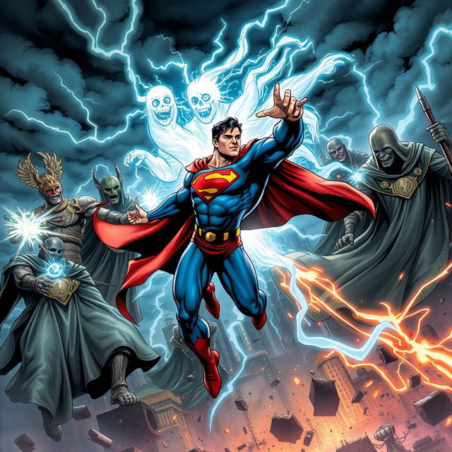 A thrilling scene illustrating Superman in an epic battle against a formidable team of supernatural ghosts