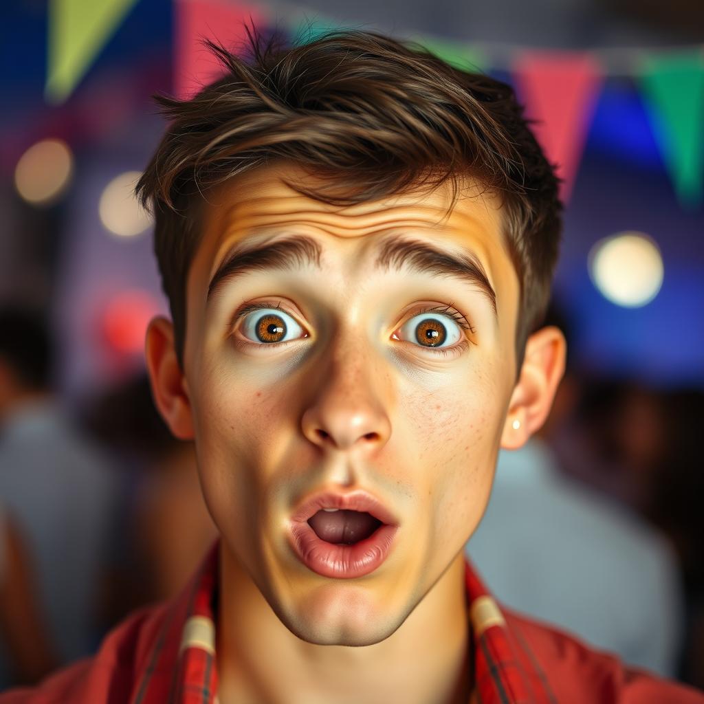 A close-up portrait of a young man named Michael, showcasing a surprised expression on his face