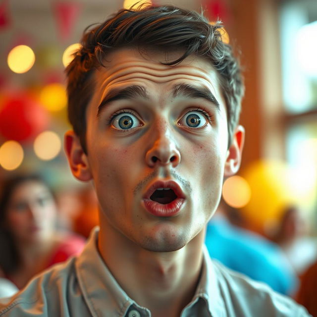 A close-up portrait of a young man named Michael, showcasing a surprised expression on his face