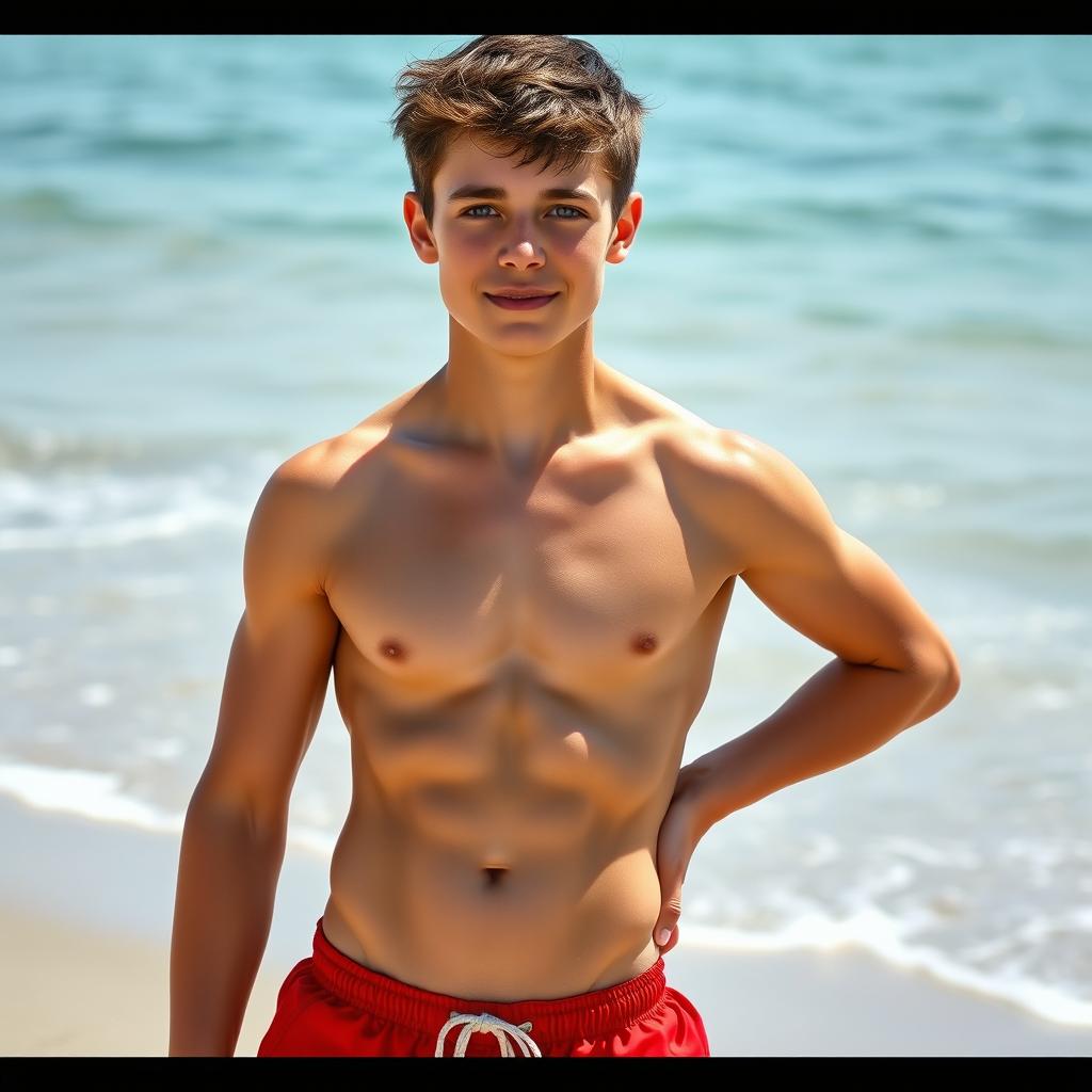 A teenage boy with a muscular physique featuring six-pack abs, standing confidently in a relaxed pose