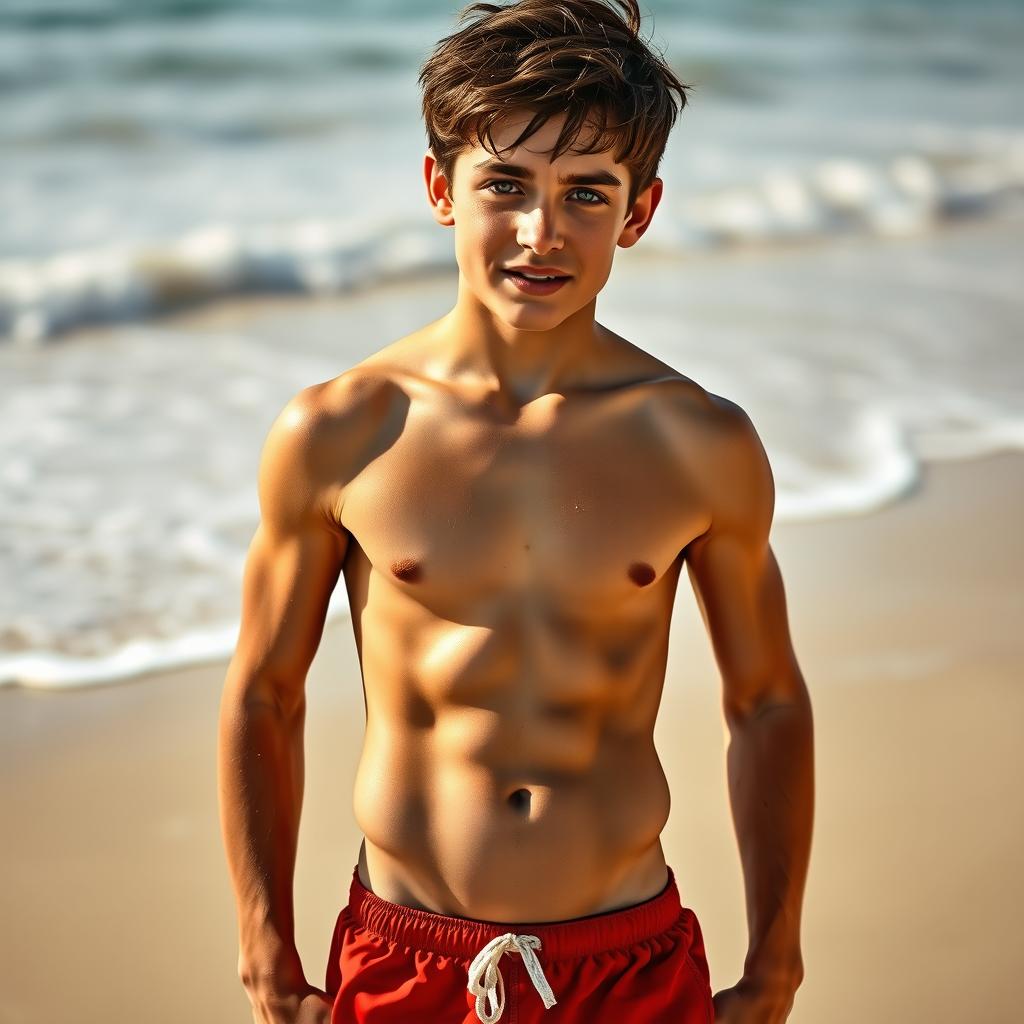 A teenage boy with a muscular physique featuring six-pack abs, standing confidently in a relaxed pose