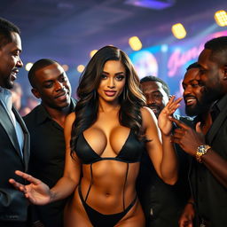 A strikingly attractive woman in a provocative pose, surrounded by several confident black men