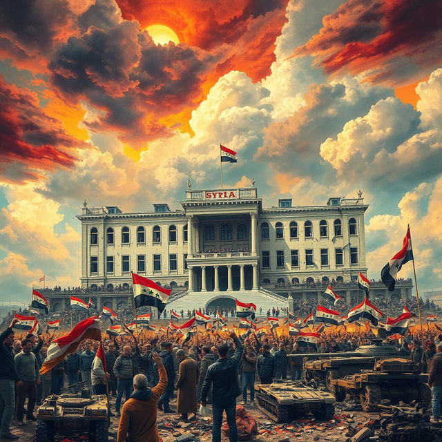 An artistic representation depicting the fall of Bashar al-Assad's regime in Syria, showcasing a dramatic scene of a crumbling presidential palace with vivid colors and chaotic elements