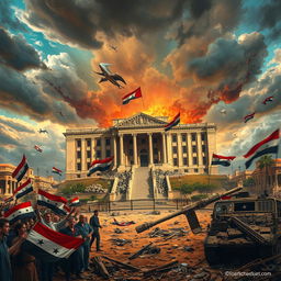An artistic representation depicting the fall of Bashar al-Assad's regime in Syria, showcasing a dramatic scene of a crumbling presidential palace with vivid colors and chaotic elements