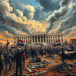 An artistic representation depicting the fall of Bashar al-Assad's regime in Syria, showcasing a dramatic scene of a crumbling presidential palace with vivid colors and chaotic elements