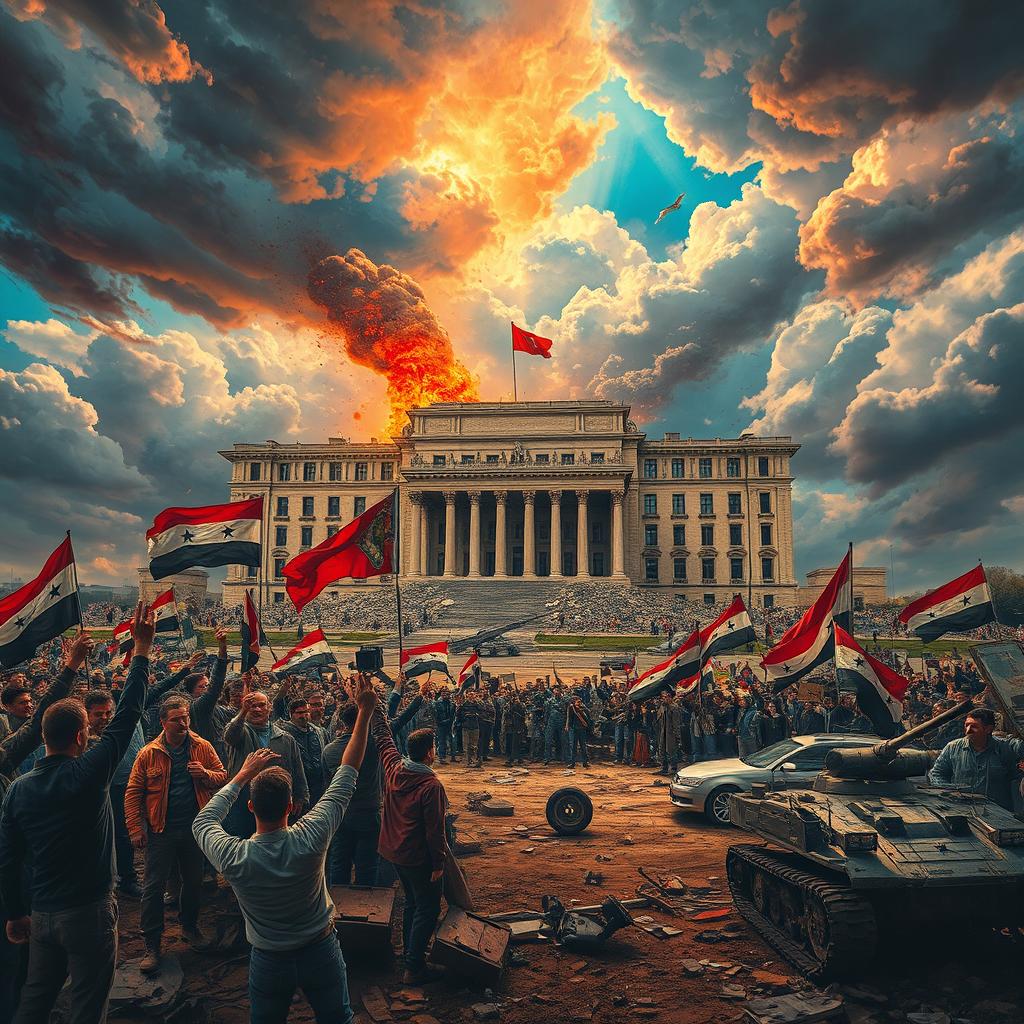 An artistic representation depicting the fall of Bashar al-Assad's regime in Syria, showcasing a dramatic scene of a crumbling presidential palace with vivid colors and chaotic elements