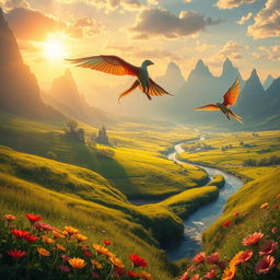 A captivating fantasy world called Earus, showcasing a lush, vibrant landscape with expansive green fields and towering mountains in the distance