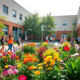 A vibrant schoolyard filled with colorful and beautiful plants and flowers