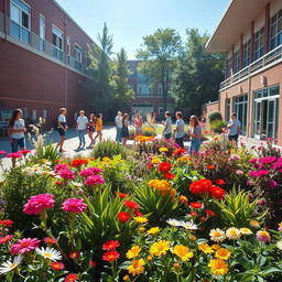 A vibrant schoolyard filled with colorful and beautiful plants and flowers