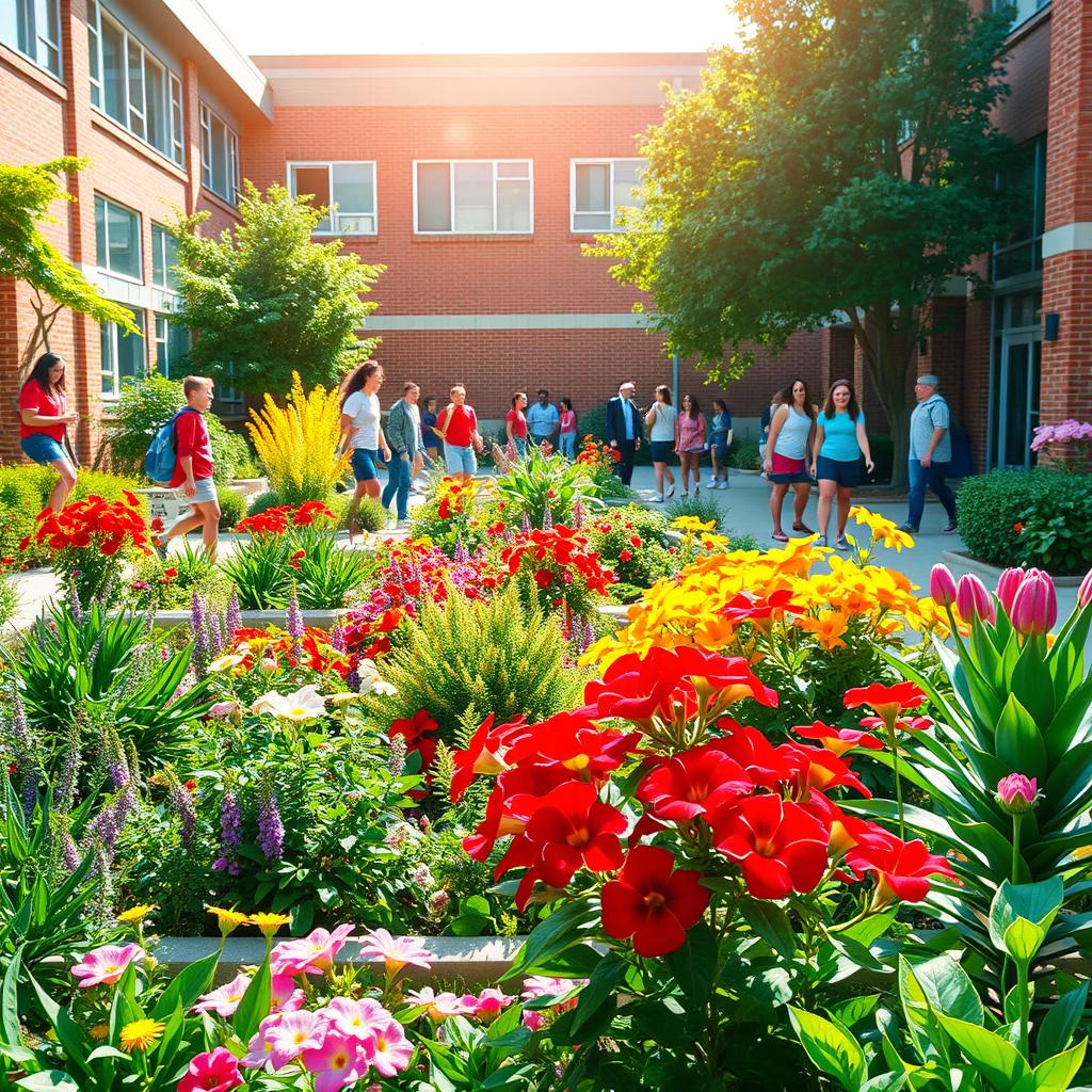 A vibrant schoolyard filled with colorful and beautiful plants and flowers