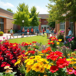 A vibrant schoolyard filled with colorful and beautiful plants and flowers