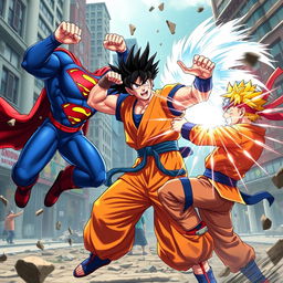 An epic crossover battle scene featuring three iconic heroes: Superman in his classic blue and red costume, Goku in his orange gi, and Naruto in his ninja attire