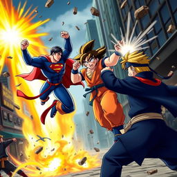 An epic crossover battle scene featuring three iconic heroes: Superman in his classic blue and red costume, Goku in his orange gi, and Naruto in his ninja attire