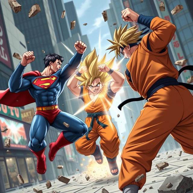 An epic crossover battle scene featuring three iconic heroes: Superman in his classic blue and red costume, Goku in his orange gi, and Naruto in his ninja attire