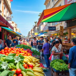 A vibrant street market scene during the day, bustling with diverse vendors selling colorful fruits and vegetables