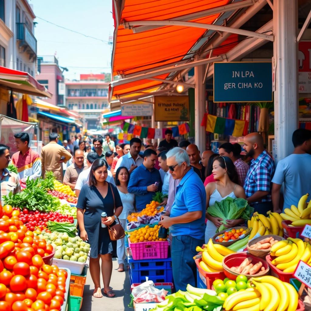 A vibrant street market scene during the day, bustling with diverse vendors selling colorful fruits and vegetables