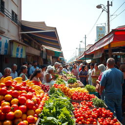 A vibrant street market scene during the day, bustling with diverse vendors selling colorful fruits and vegetables