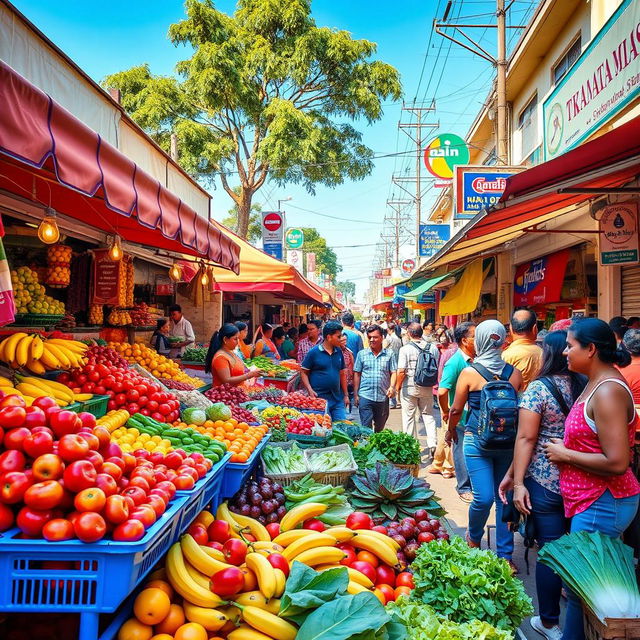 A vibrant street market scene during the day, bustling with diverse vendors selling colorful fruits and vegetables