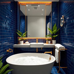 A luxurious bathroom featuring deep blue tiles on the walls, a sleek modern bathtub filled with bubbles, and elegant gold fixtures