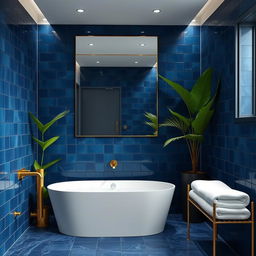A luxurious bathroom featuring deep blue tiles on the walls, a sleek modern bathtub filled with bubbles, and elegant gold fixtures