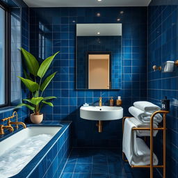 A luxurious bathroom featuring deep blue tiles on the walls, a sleek modern bathtub filled with bubbles, and elegant gold fixtures