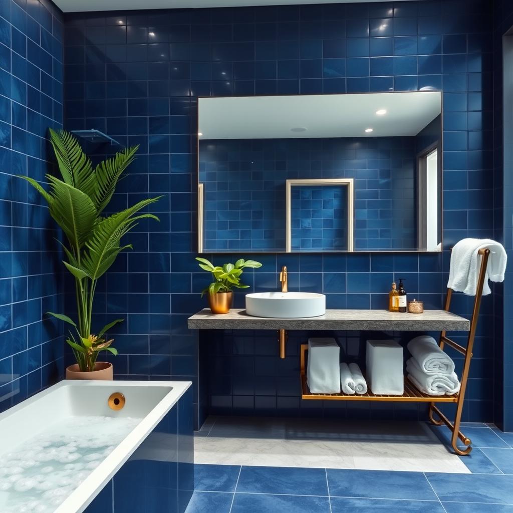 A luxurious bathroom featuring deep blue tiles on the walls, a sleek modern bathtub filled with bubbles, and elegant gold fixtures