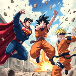 An epic crossover battle scene with Superman in his iconic blue and red costume, Goku wearing his orange gi, and Naruto in his ninja outfit