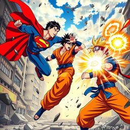 An epic crossover battle scene with Superman in his iconic blue and red costume, Goku wearing his orange gi, and Naruto in his ninja outfit