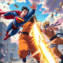 An epic crossover battle scene with Superman in his iconic blue and red costume, Goku wearing his orange gi, and Naruto in his ninja outfit