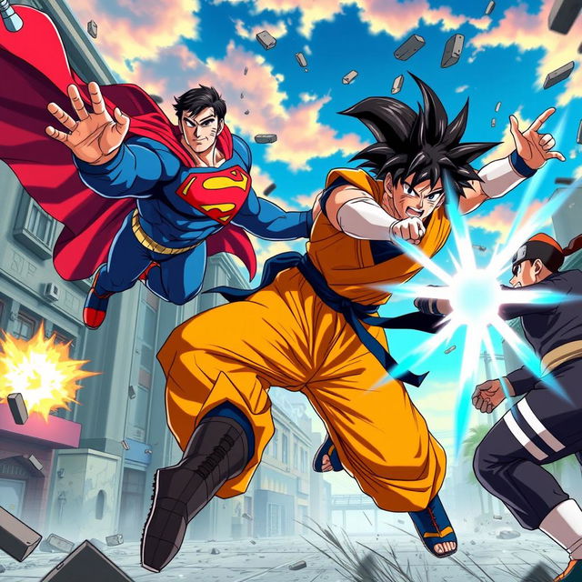 An epic crossover battle scene with Superman in his iconic blue and red costume, Goku wearing his orange gi, and Naruto in his ninja outfit