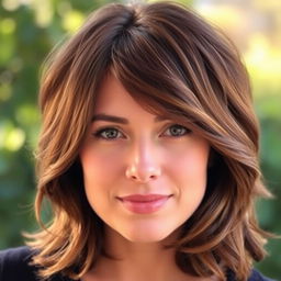 A person with an oval face shape, featuring shoulder-length hair styled in soft waves