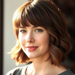 A person with an oval face shape, featuring shoulder-length hair styled in soft waves
