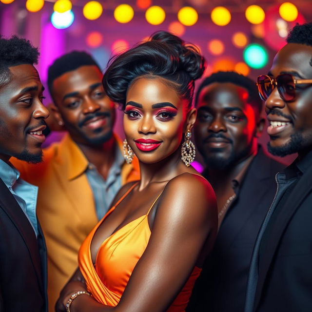 A confident and attractive woman with a bold outfit that highlights her features, positioned at the center of attention among several stylish black men