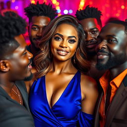 A confident and attractive woman with a bold outfit that highlights her features, positioned at the center of attention among several stylish black men