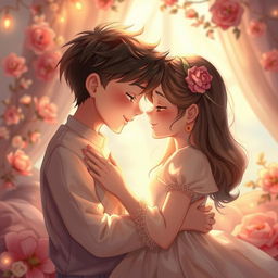A romantic scene depicting a boy and girl in a soft, intimate setting, surrounded by gentle light and warm colors